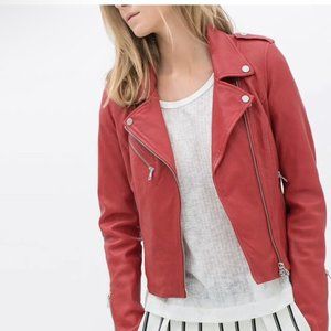 ZARA TRAFALUC Red-Orange Genuine Leather Biker Jacket